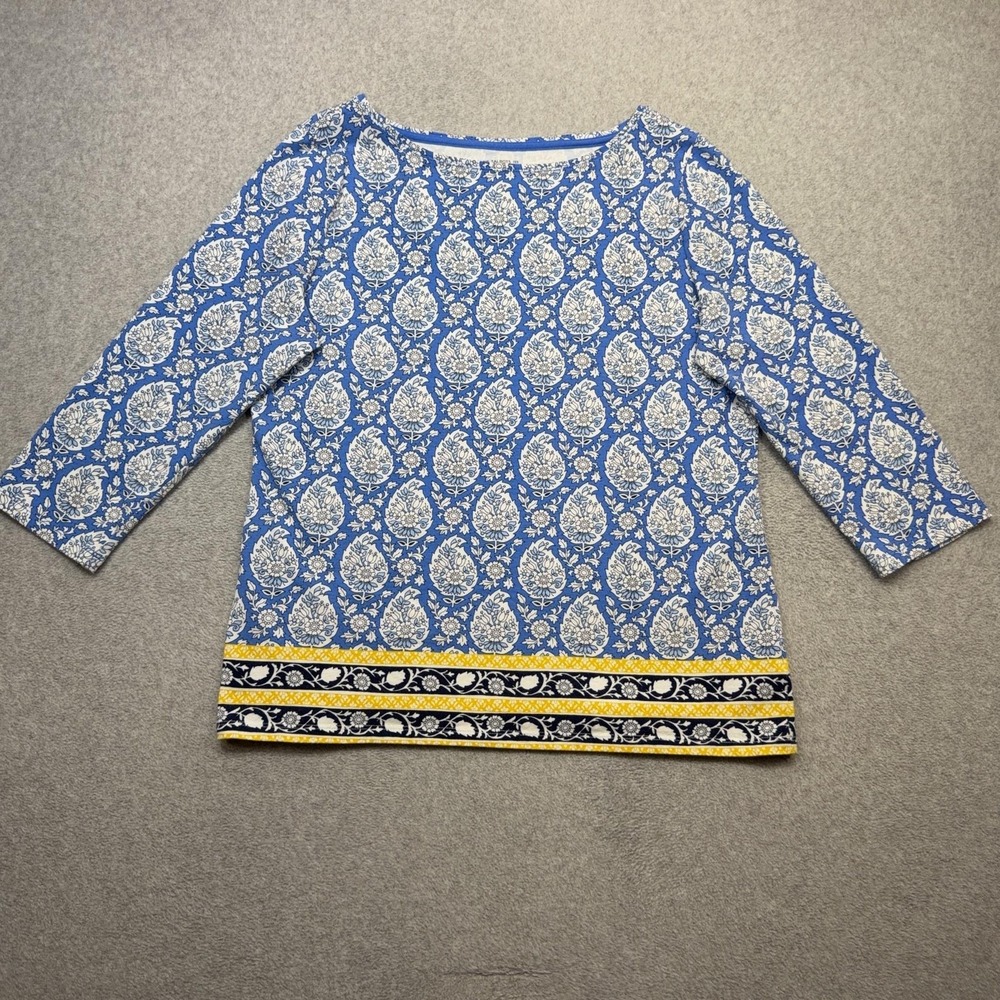 Talbots Tee Shirt Womens Large Blue Floral Border 3/4 Sleeve Boat Neck Top